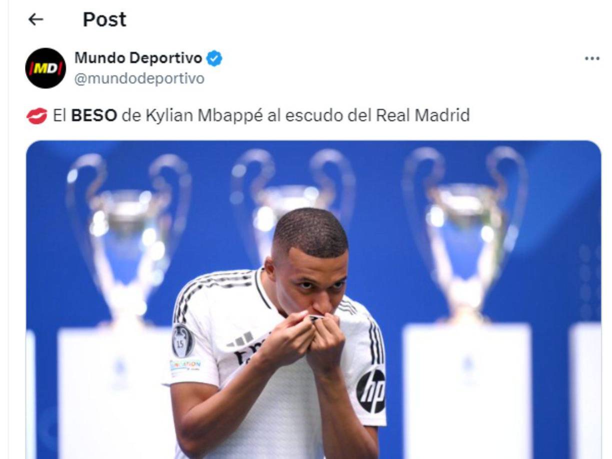 Mundo Deportivo destacó el beso de Mbappé al escudo del Real Madrid. 