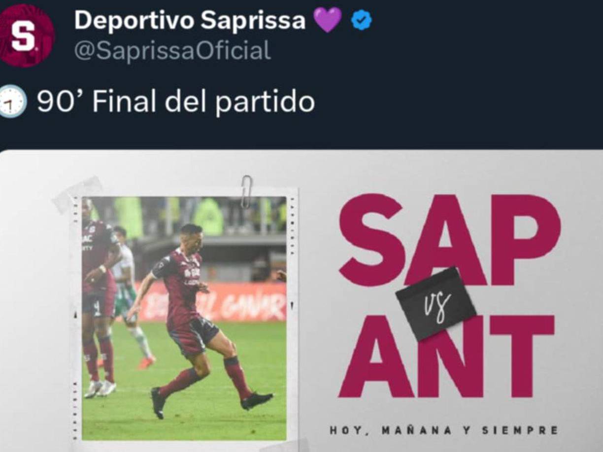 El mensaje del Saprissa en sus redes sociales tras el humillante 3-0 sufrido en casa ante Antigua.