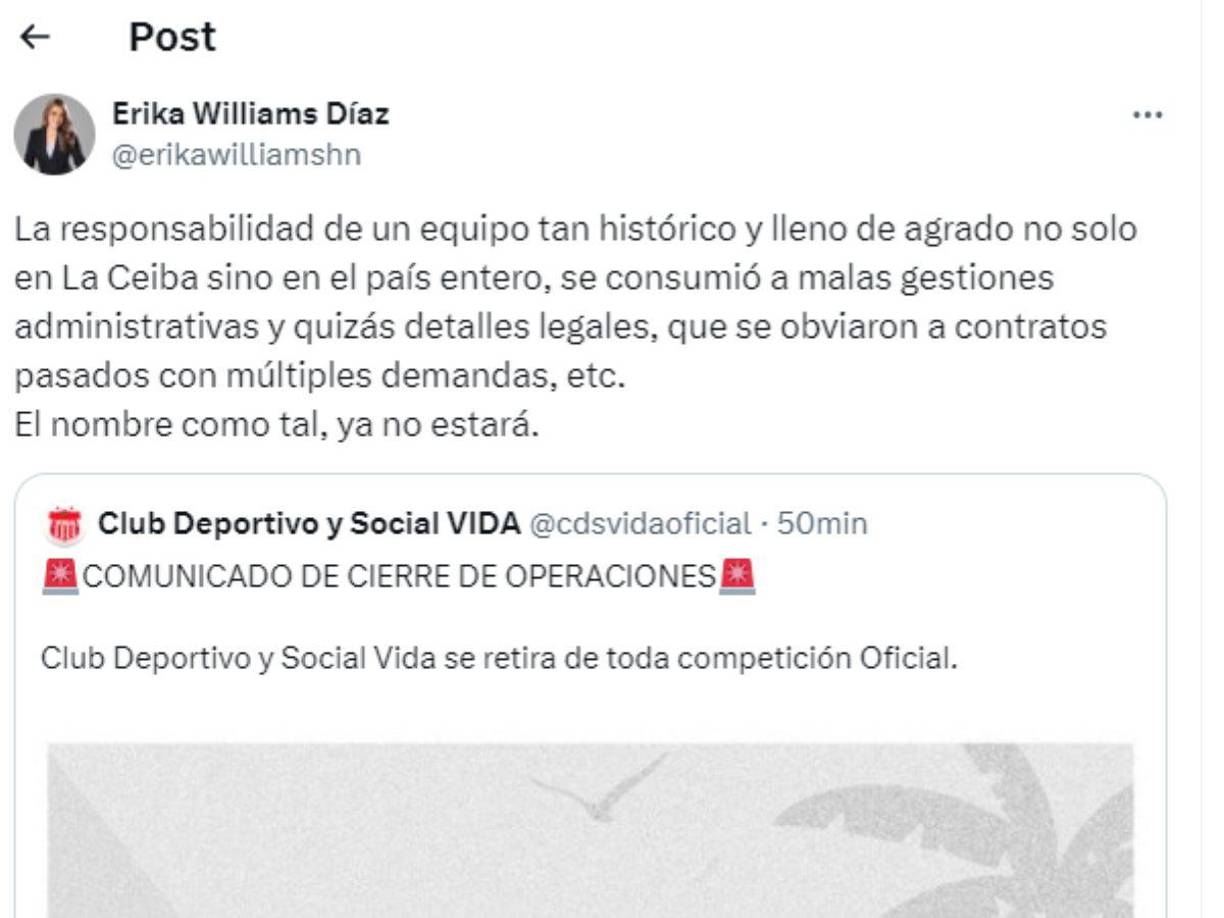 La periodista Erika Williams dejó su análisis sobre el retiro del Vida del fútbol hondureño. 