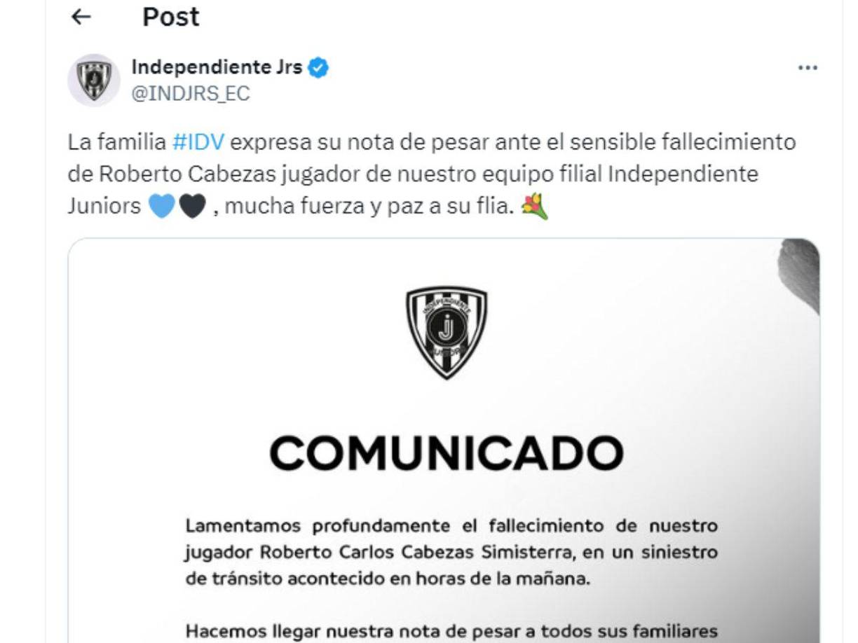 “Lamentamos profundamente el fallecimiento de nuestro jugador Roberto Cabezas en un siniestro de tránsito acontecido en horas de la mañana. Hacemos llegar nuestra nota de pesar a sus familiares y amigos, y nos solidarizados con todos los afectados por esta tragedia”, anunció el club.