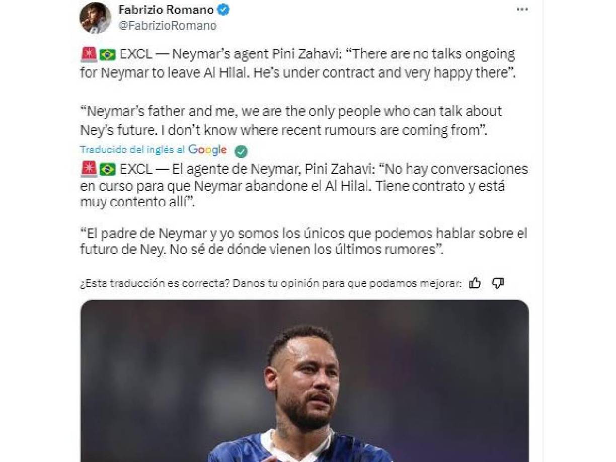 “El padre de Neymar y yo somos los únicos que podemos hablar sobre el futuro de Ney. No sé de dónde vienen los últimos rumores”, confirmó, asegurando que el “10” no piensa salir de Al Hilal.