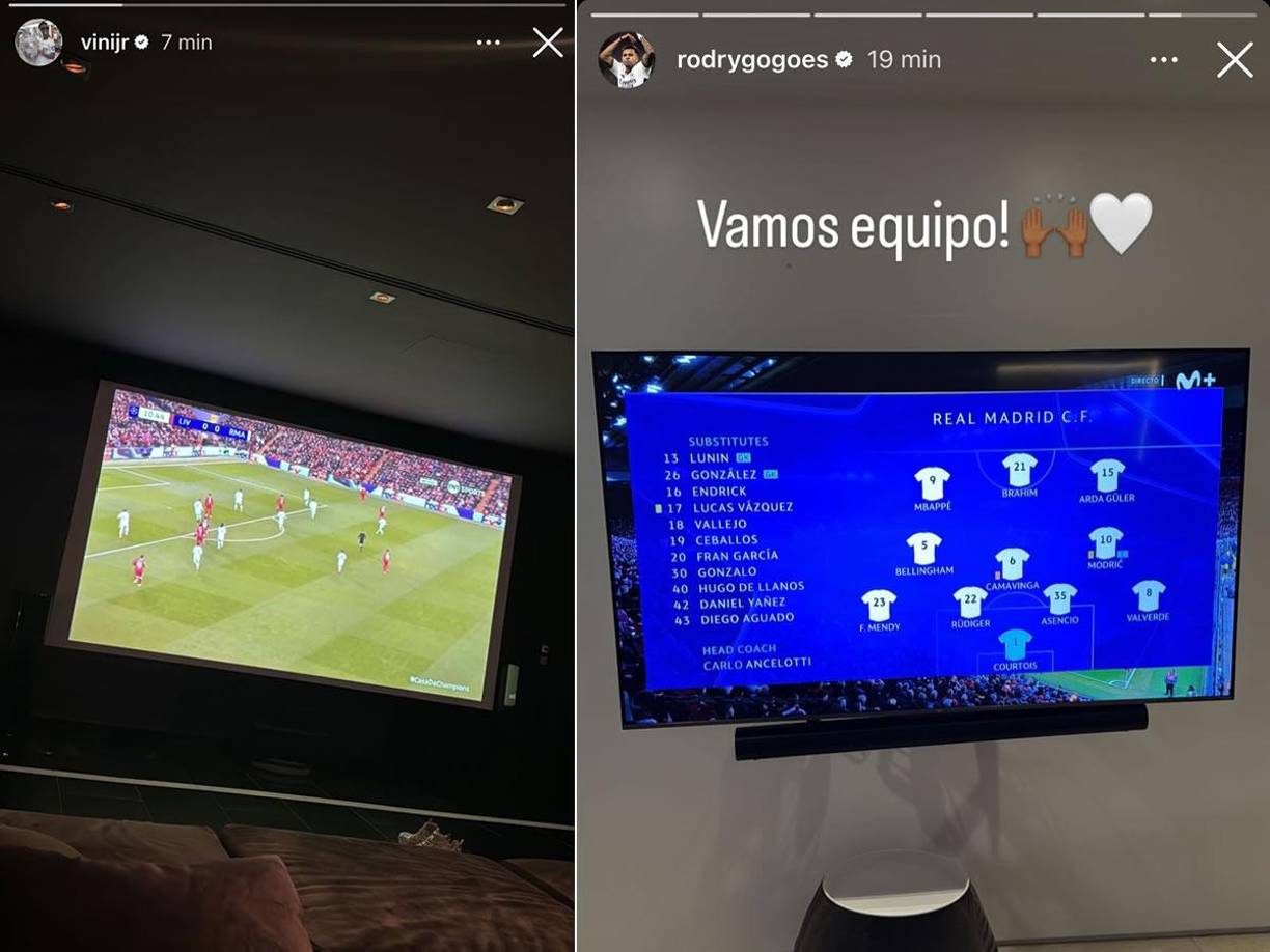 Vinicius y Rodrygo, bajas en Liverpool por lesión, estuvieron apoyando al Real Madrid desde sus respectivas casas y así lo demostraron en su Instagram.