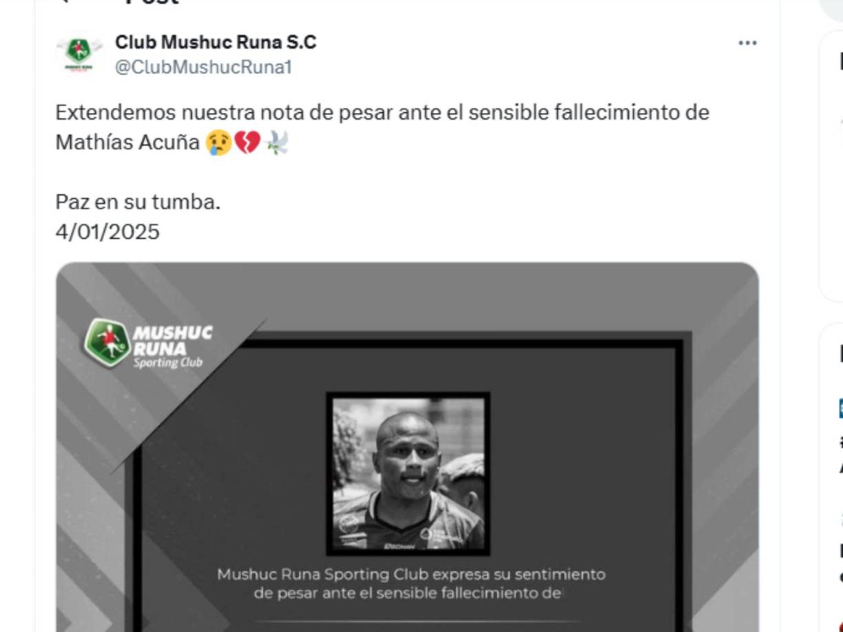 Mushuc Runa expresó sus condolencias a la familia y seres queridos del jugador ante la irreparable pérdida, cuyas aparentes causas no han sido explicadas por las autoridades.