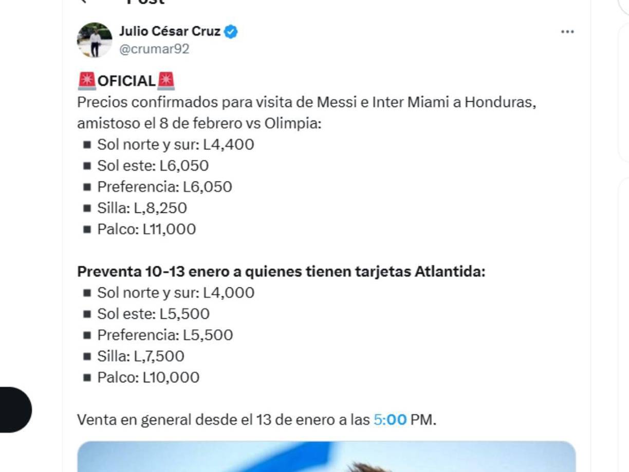 Periodistas hondureños compartieron los precios para el amistoso Olimpia vs Inter Miami del próximo 8 de febrero. 