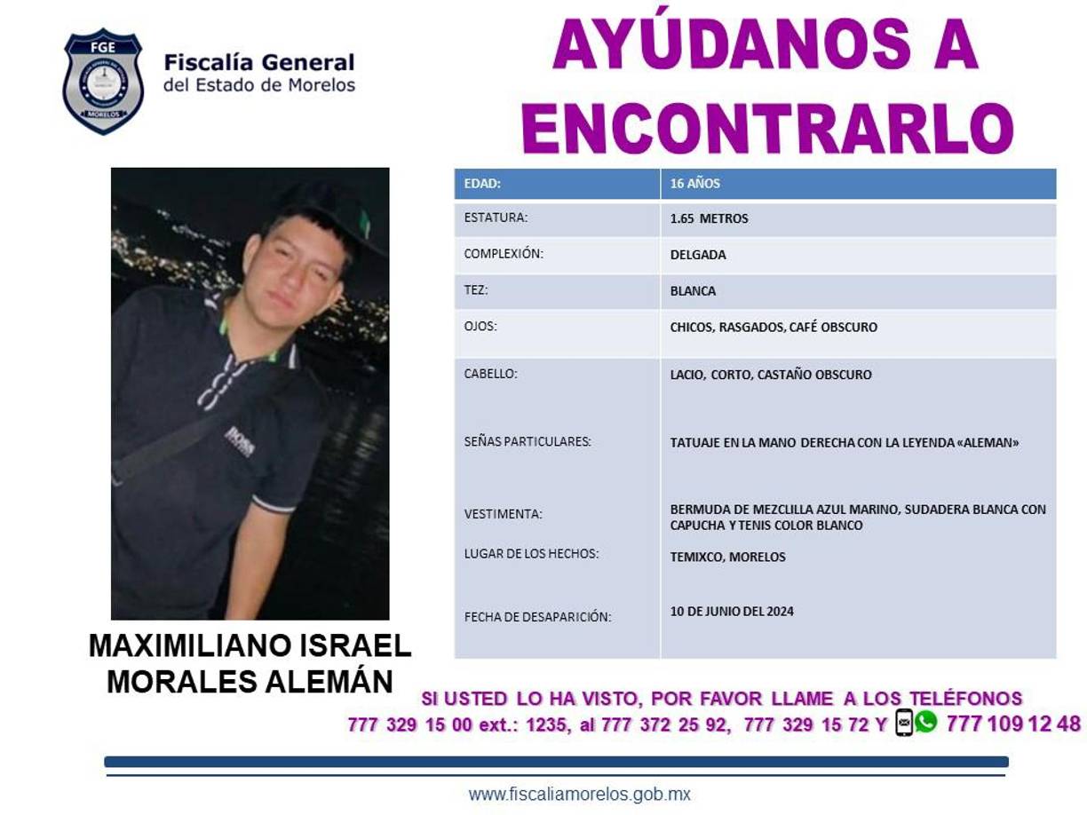 La ficha de búsqueda de Maximiliano, de 16 años, señala que tiene un tatuaje con su apellido “Alemán” en la mano derecha, aunque en redes sociales algunas versiones indican que tiene 19 años.