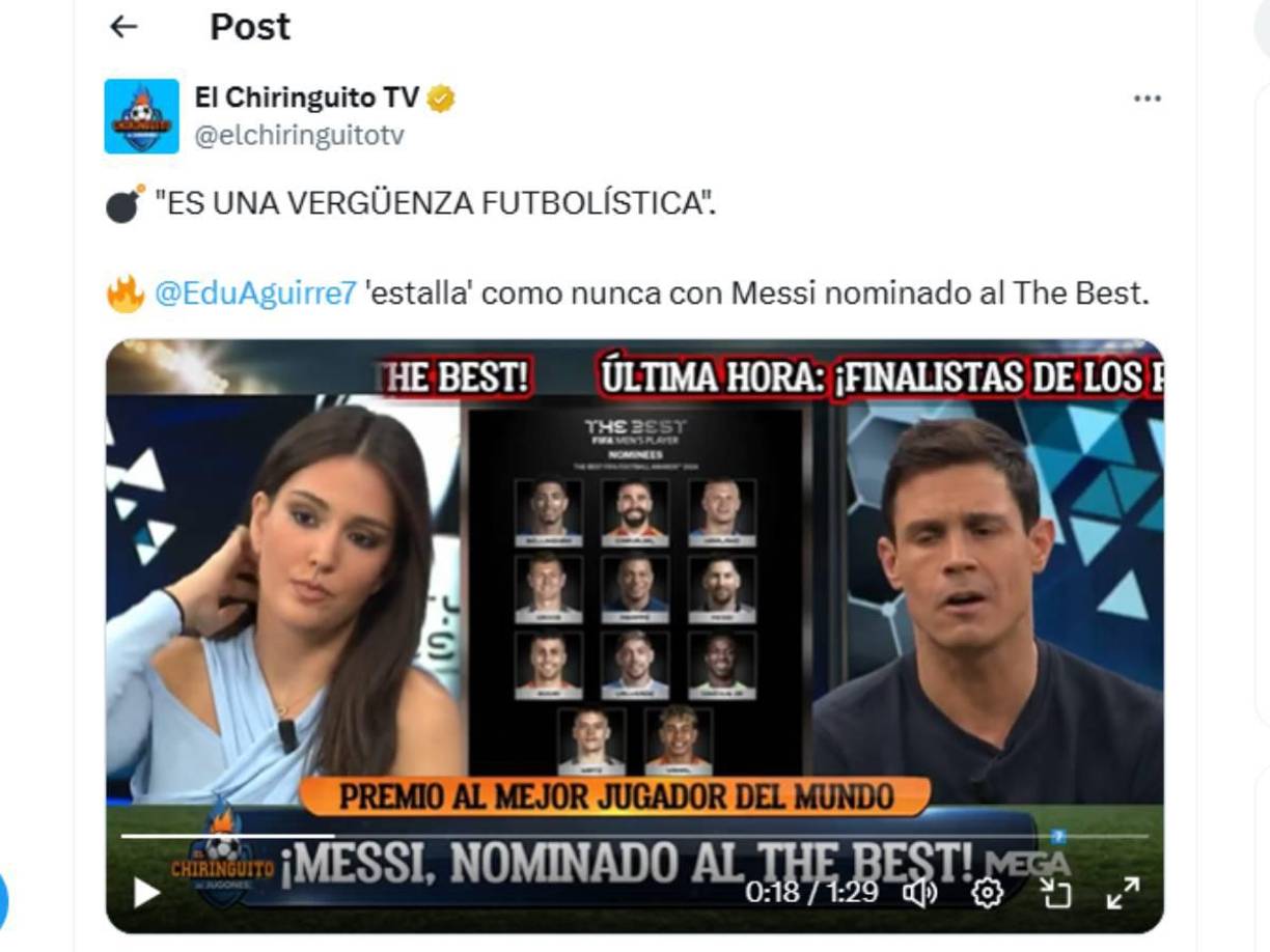 Edu Aguirre, amigo de CR7 y panelista de El Chiringuito, explotó tras saber que Messi está nominado.