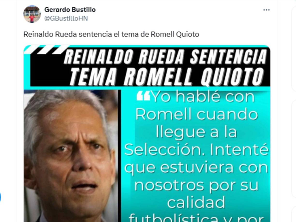 “Reinaldo Rueda sentencia el tema de Romell Quioto”, mencionó el periodista Gerardo Bustillo.