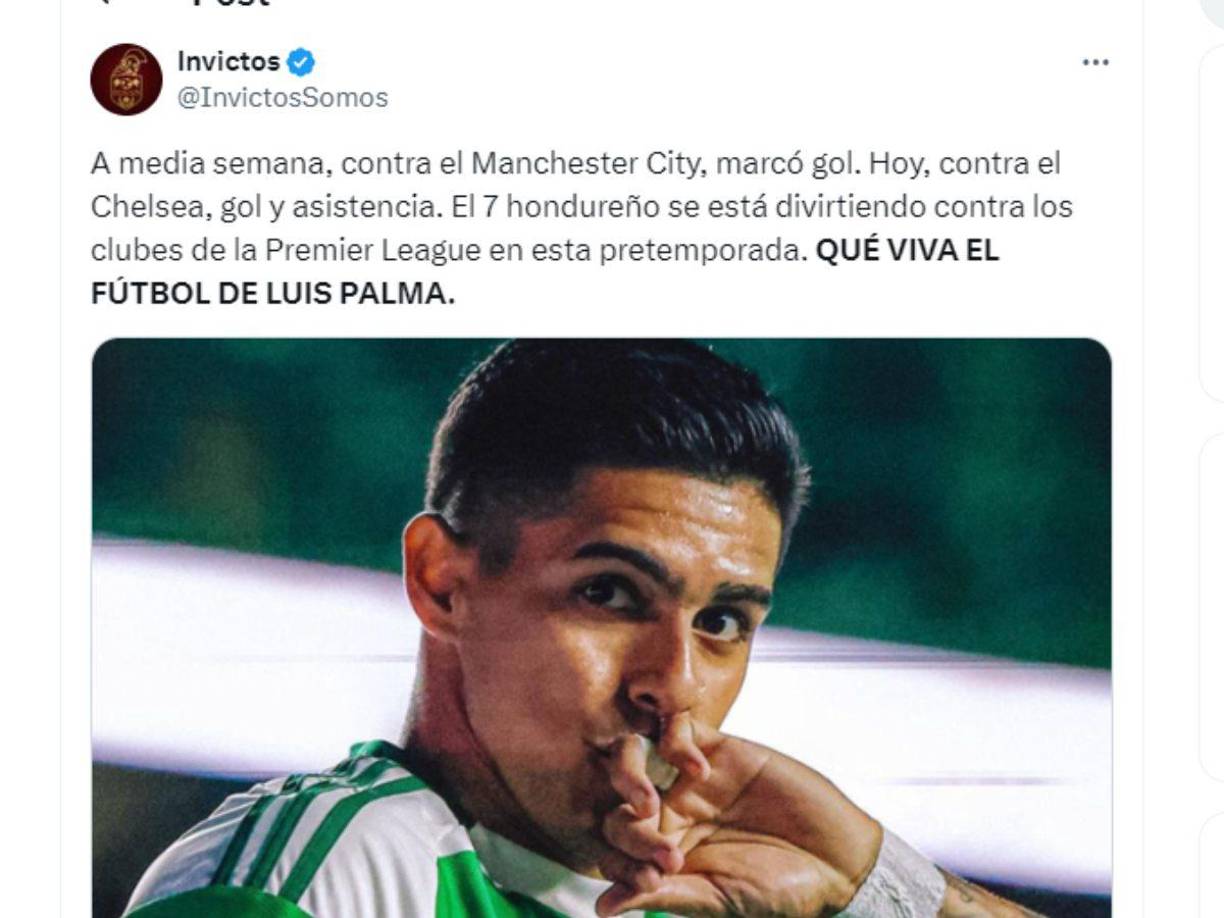 La famosa página Invictos de México destacó al hondureño Luis Palma por sus goles ante Chelsea y anteriormente al Manchester City.