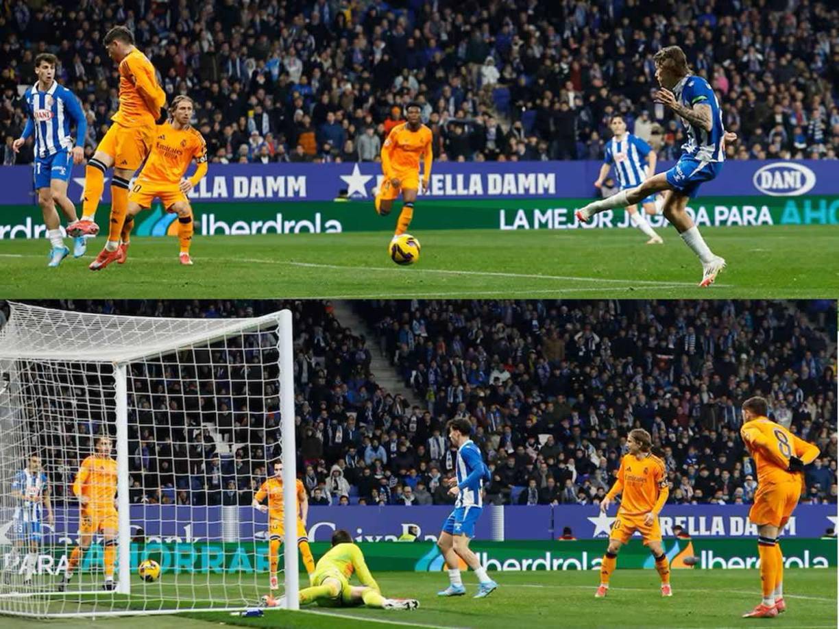 El disparo de Carlos Romero para el gol del Espanyol con el que vencieron al Real Madrid en el RCDE Stadium.