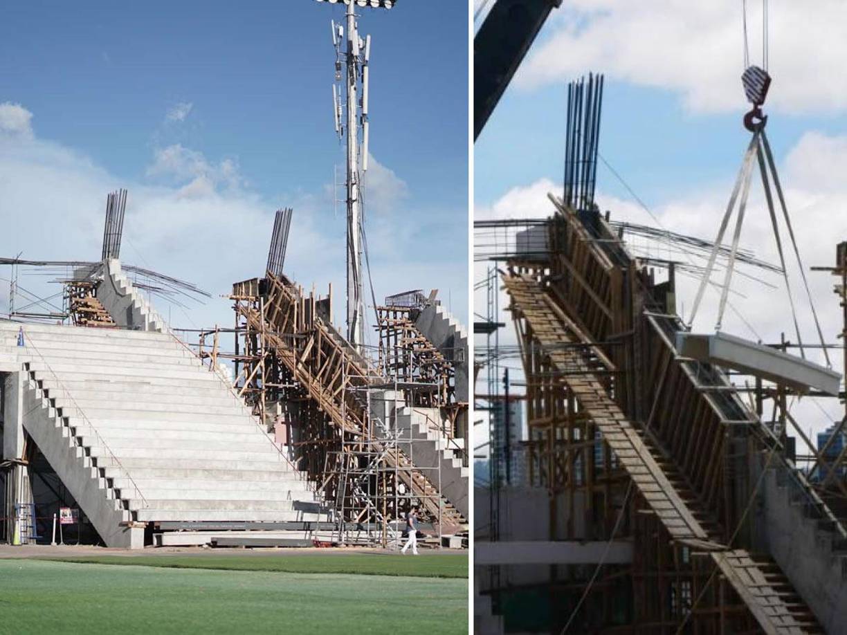 El estadio Nacional Chelato Uclés sigue tomando forma poco a poco con los trabajos de instalación de las nuevas graderías. Así van quedando.
