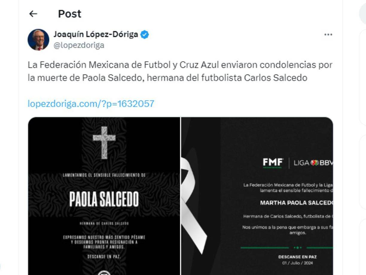La Federación de Fútbol de México y el Cruz Azul han emitido comunicados lamentando la muerte de la hermana del jugador mexicano Carlos Salcedo.