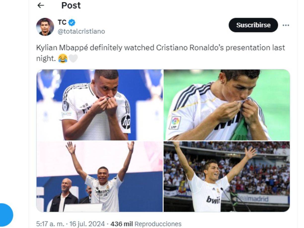 Pero una de las imágenes que recorre el mundo es que Kylian Mbappé hizo lo mismo que Cristiano Ronaldo, después de 15 años. Lleno el Santiago Bernabéu, besó el escudo de la misma forma, portaron el 9 en su primera temporada y les pidió a los hinchas blancos gritar juntos : “HALA MADRID”.