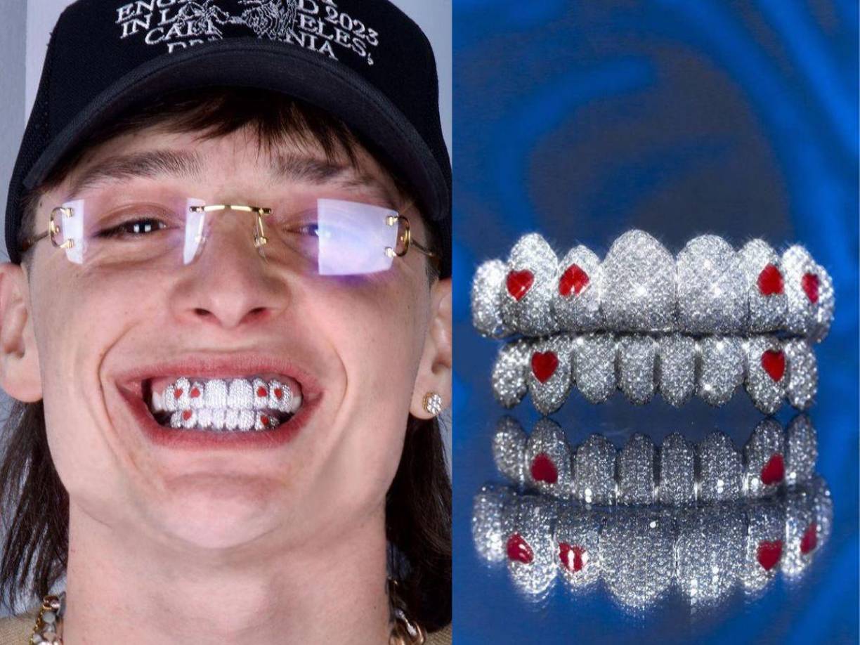 El famoso cantante de corridos bélicos decidió decorar su sonrisa con una exclusiva dentadura con incrustaciones de diamantes y detalles en forma de corazón.