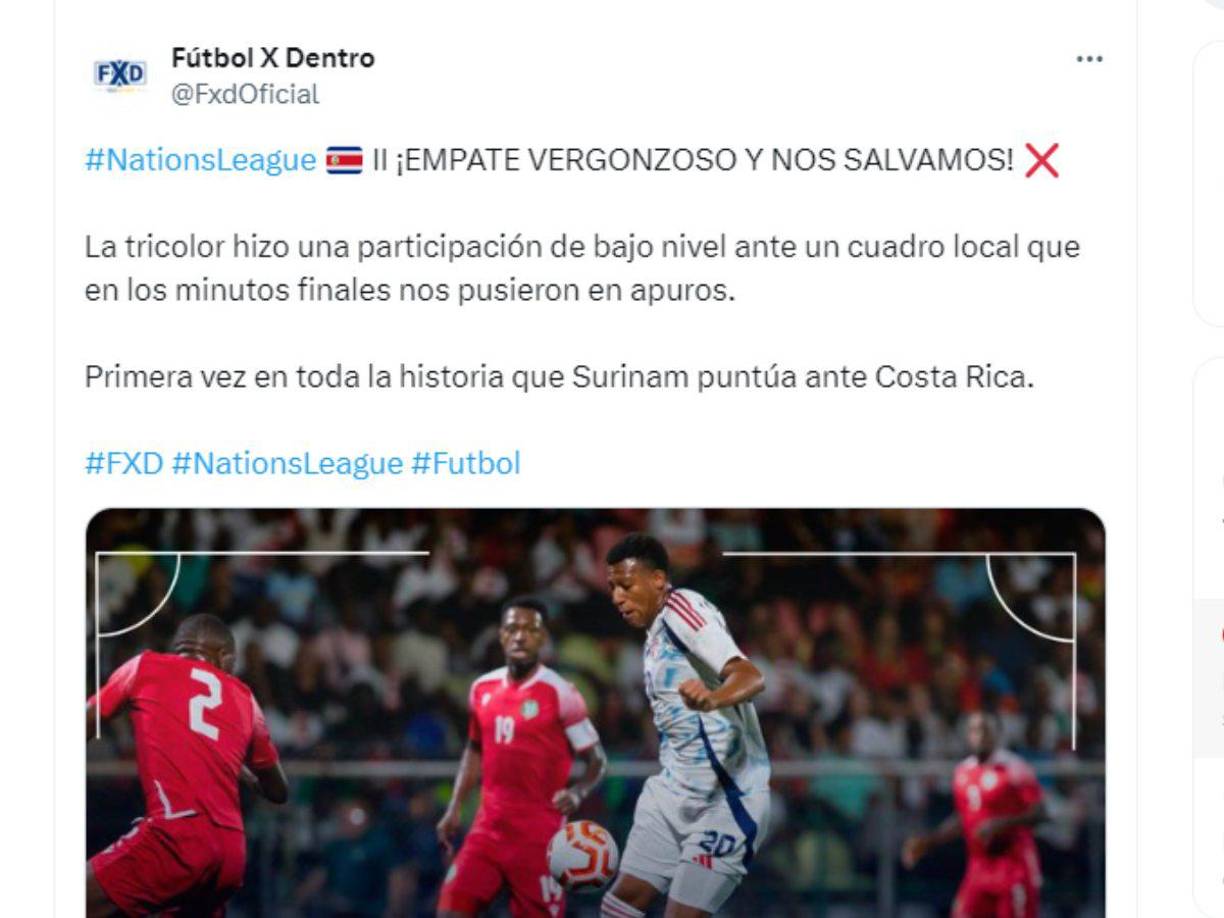 ”Empate vergonzoso y nos salvamos”, señalan en Costa Rica luego del empate de 1-1 ante Surinam por la Liga de Naciones de Concacaf.