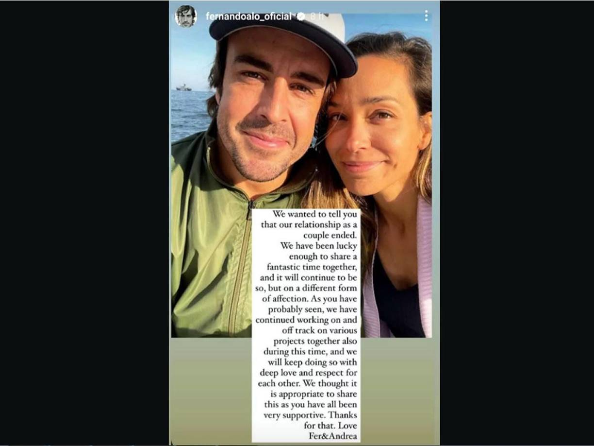 Con esta imagen anunció Fernando Alonso el fin de su relación. La pareja sonriendo y ellos mismos se han encargado de informar que se les seguirá viendo juntos, “pero de una manera diferente”.