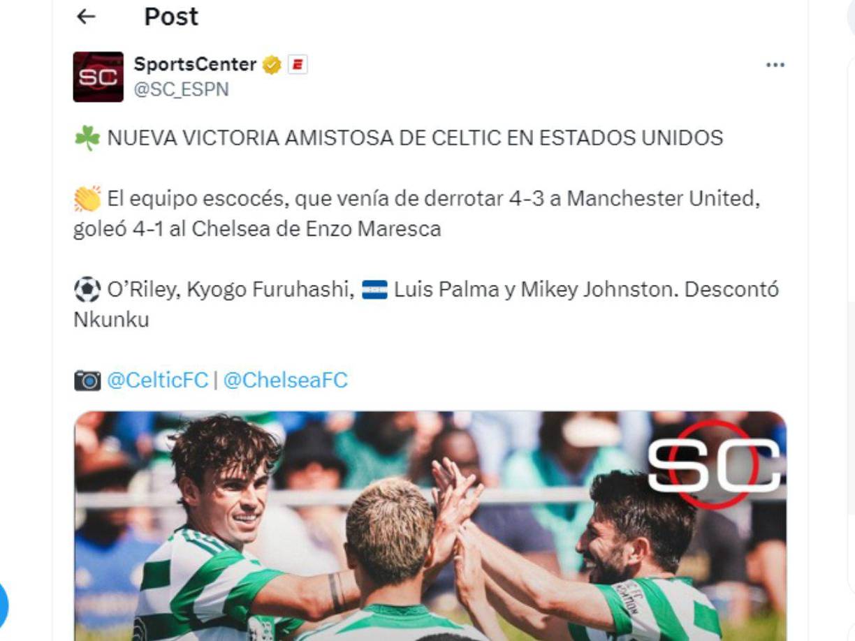 SportsCenter de Argentina destacó la goleada del Celtic al Chelsea en donde uno de los goles participó Luis Palma. 