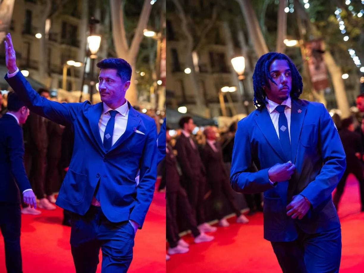 Robert Lewandowski y Jules Koundé en su llegada al 125 Aniversario del Barcelona.