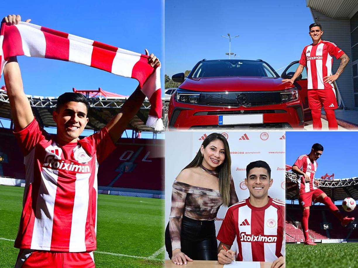 Luis Palma fue presentado este sábado como nuevo jugador del Olympiacos de Grecia. El delantero hondureño ya luce los colores de su nuevo equipo y lo acompaña su bella novia Annie Cordóva, quien cautivó en la presentación.