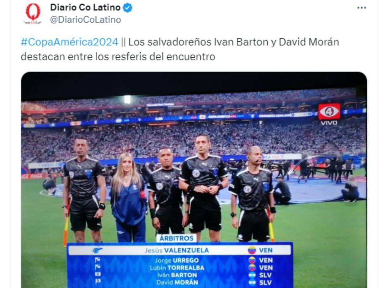 En El Salvadoreño destacaron que sus compatriotas Iván Barton y David Morán formaron parte de la cuarteta arbitral del juego que marcó el debut de la Copa América 2024.