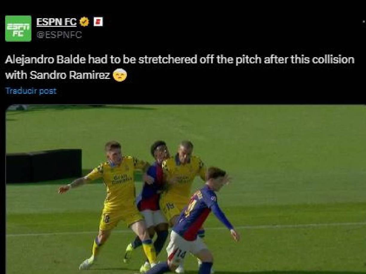 Balde sufrió un choque con el delantero rival Sandro Ramírez y cayó tendido sobre el terreno de juego.