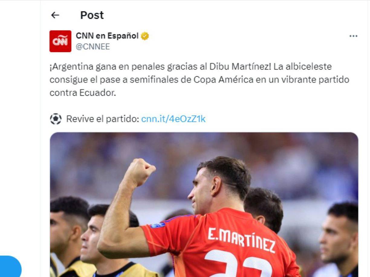 CNN en Español destacó la formidable actuación del Dibu ya que el portero detuvo dos penales.