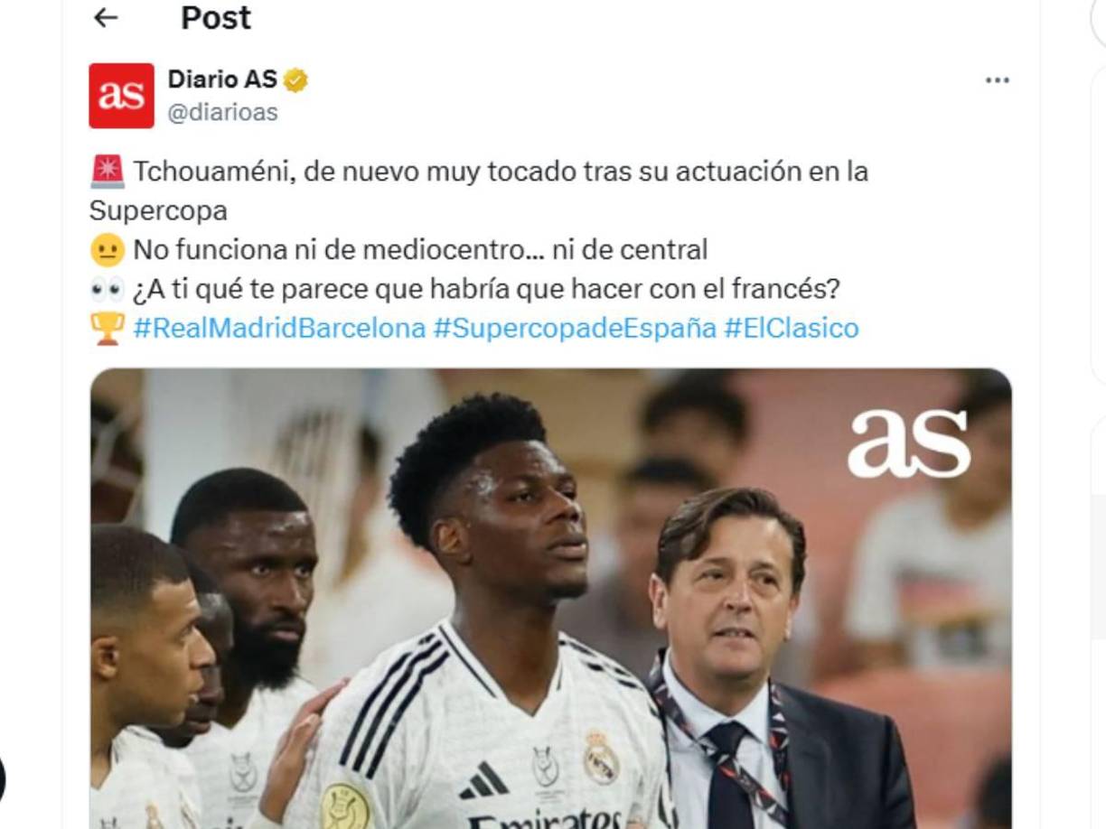 Tchouaméni es el señalado por los madridistas luego de su mala final ante Barcelona.