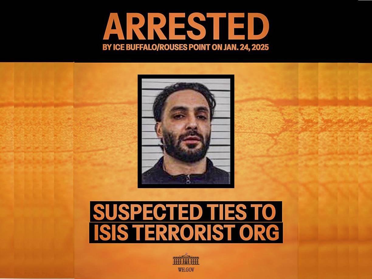  Un ciudadano de origen jordano, sospechoso de tener vínculos con ISIS, fue capturado por ICE en Buffalo/Rouses Point el pasado 24 de enero de 2025, como parte de sus operaciones de control migratorio y seguridad nacional.