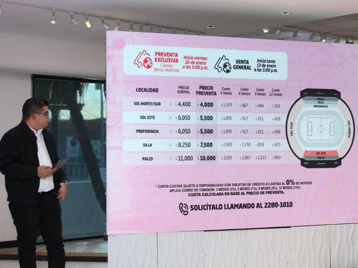 Estos son los precios para el juego y donde el boleto más barato en preventa es de 4,400 en venta general (172 dólares). Mientras el boleto más caro, en palco, cuesta y L11,000 que vienen siendo unos 432 dólares.