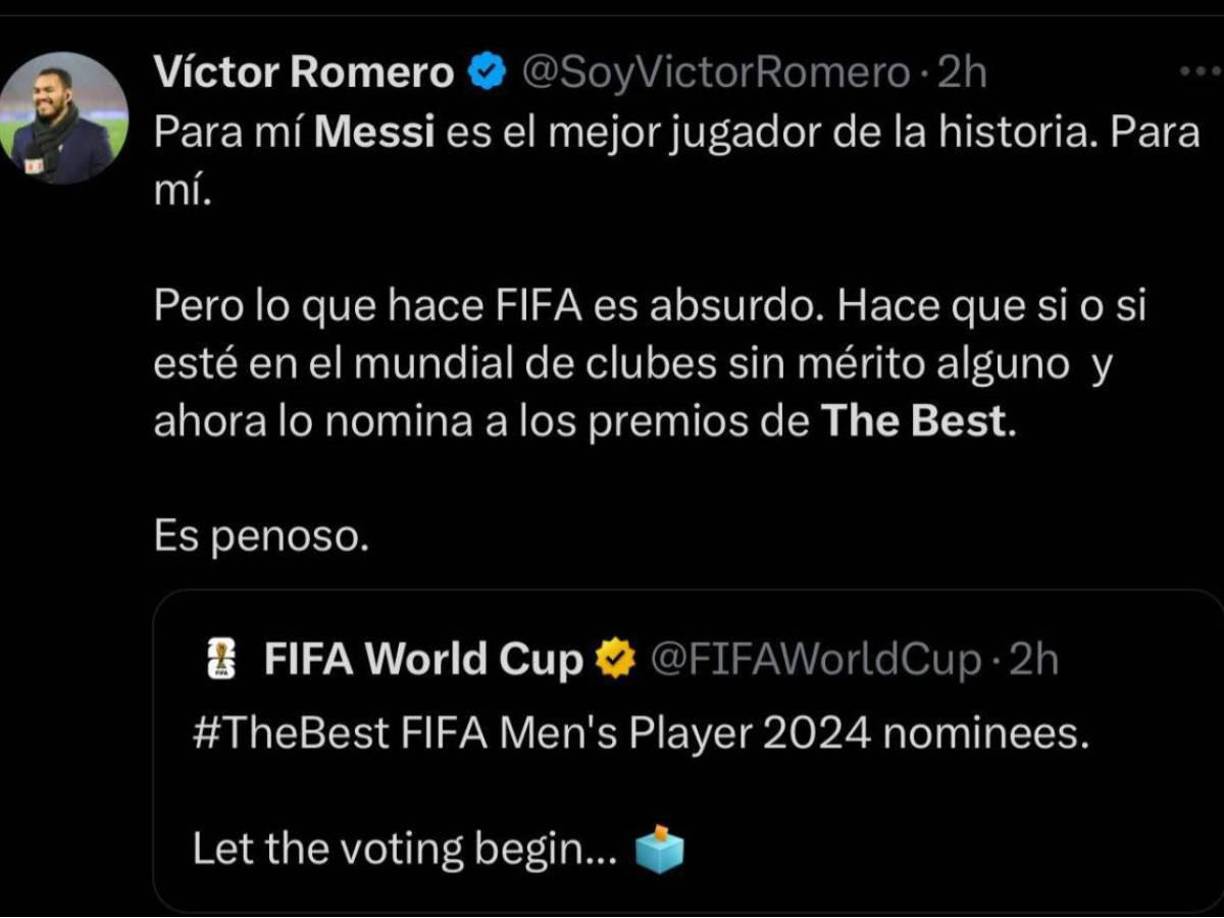 De absurdo y penoso fue catalogado por el periodista colombiano Víctor Romero de ESPN la nominación de Messi para el The Best 2024. 