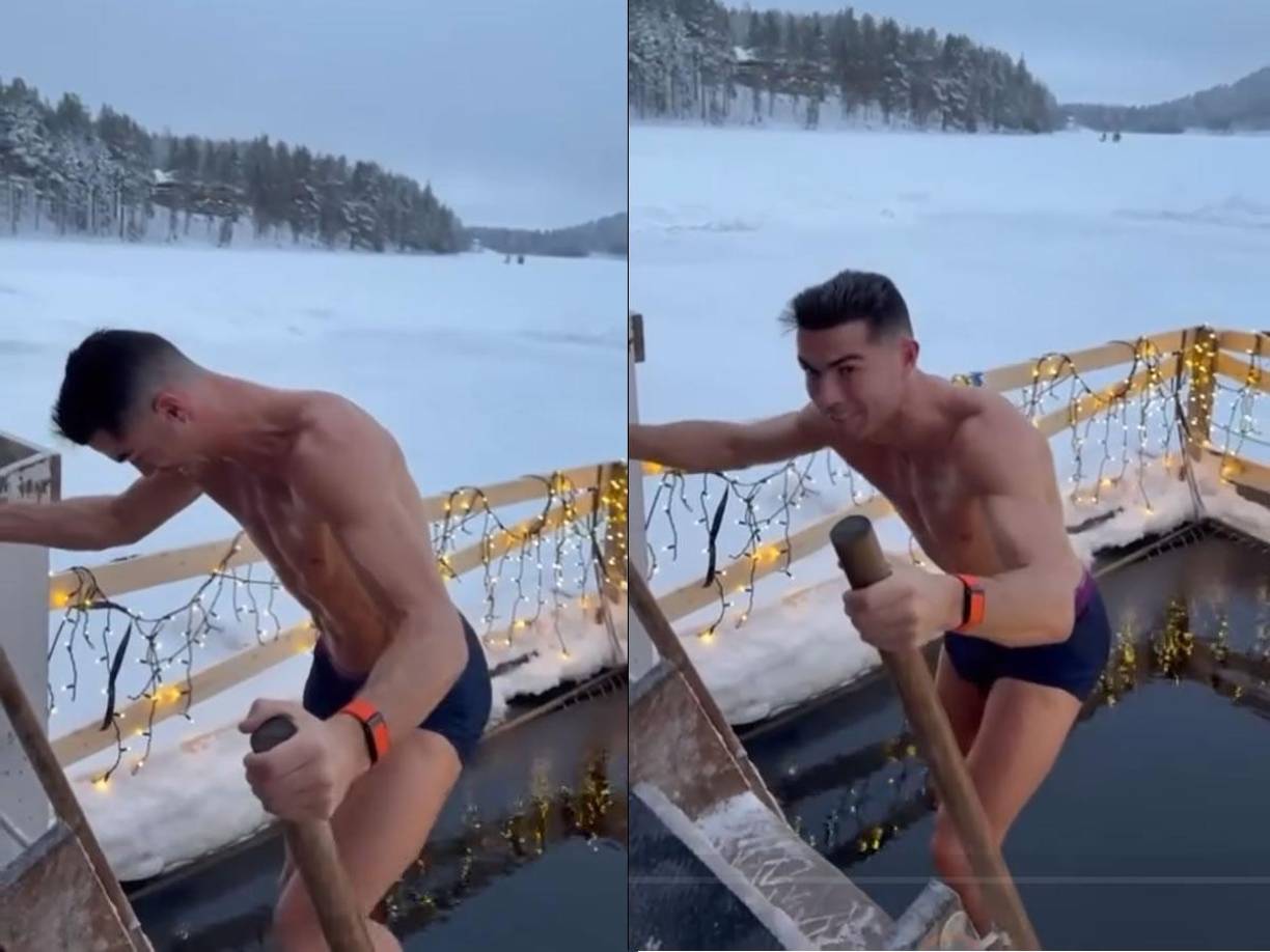 Al delantero portugués de 39 años no le importa el frío extremo de Finlandia y se metió a nadar en una piscina con agua muy helada.