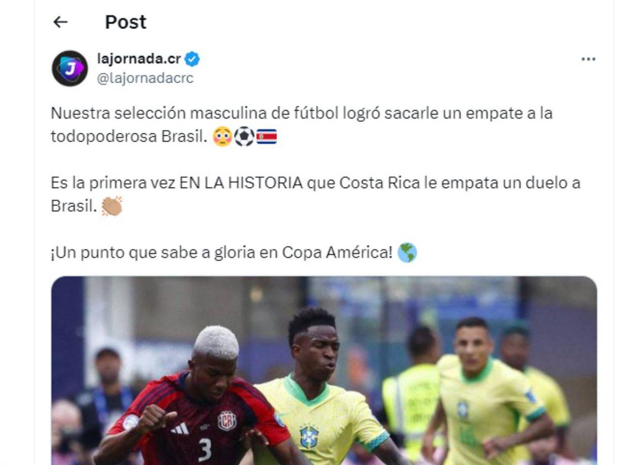 Medios de Costa Rica destacaron el punto conseguido por su selección ante Brasil.