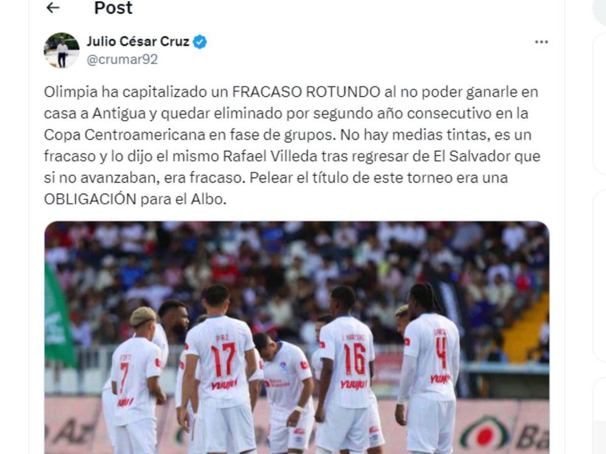 Julio César Cruz: “No hay medias tintas, es un fracaso y lo dijo el mismo Rafael Villeda tras regresar de El Salvador que si no avanzaban, era fracaso. Pelear el título de este torneo era una obligación para el albo.”