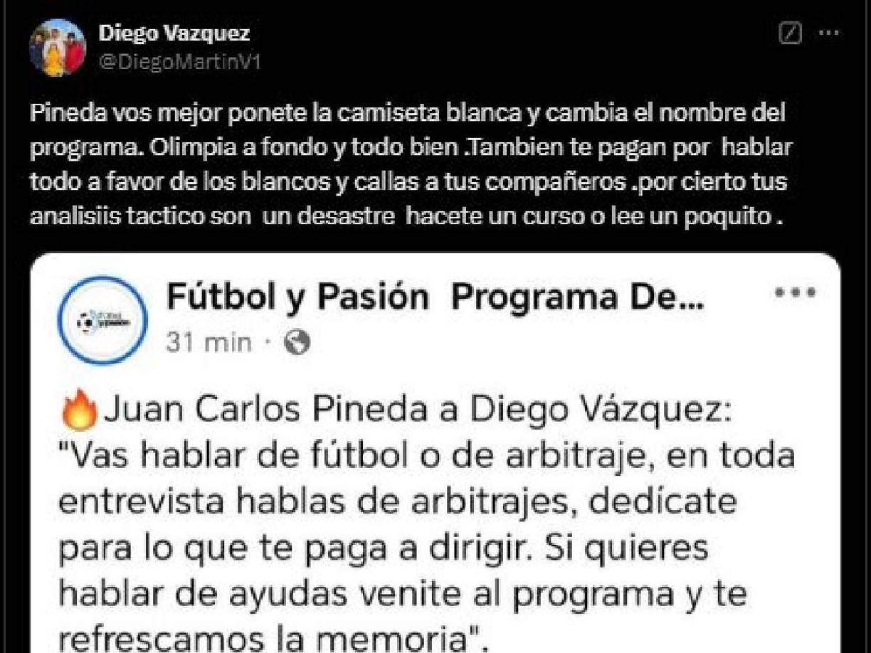 El posteo de Diego Vázquez en sus redes sociales a las declaraciones de Juan Carlos Pineda.