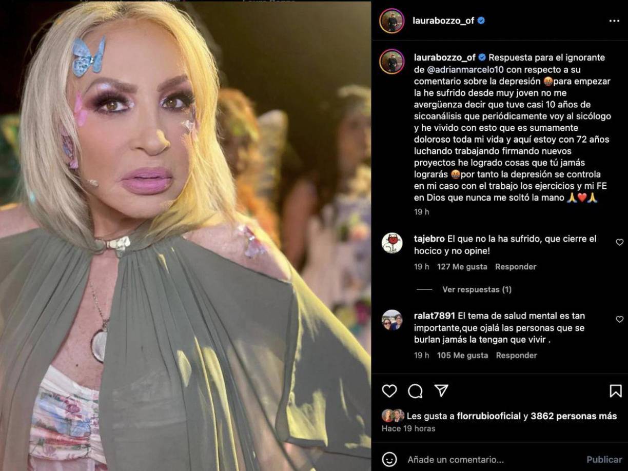 “Respuesta para el ignorante de Adrián Marcelo con respecto a su comentario sobre la depresión, para empezar la he sufrido desde muy joven”, inició escribiendo Laura Bozzo
