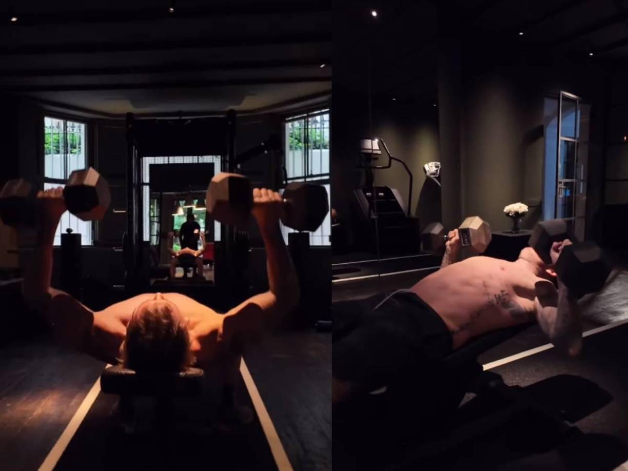 Posteriormente, arrancó con el ejercicio de banco plano con mancuernas, para trabajar sus pectorales.