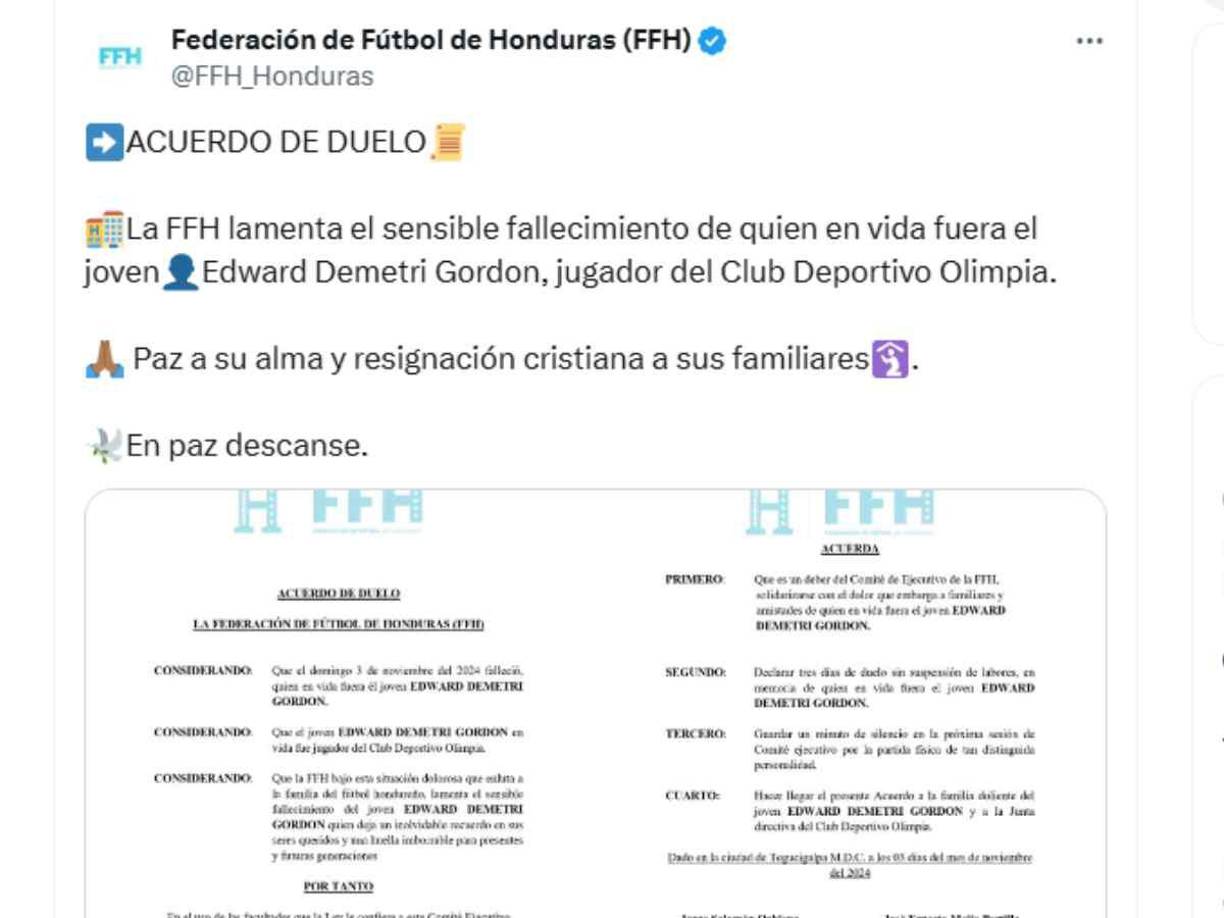 La Federación de Fútbol de Honduras emitió un acuerdo de duelo tras la muerte del atacante hondureño Demetri Gordon.