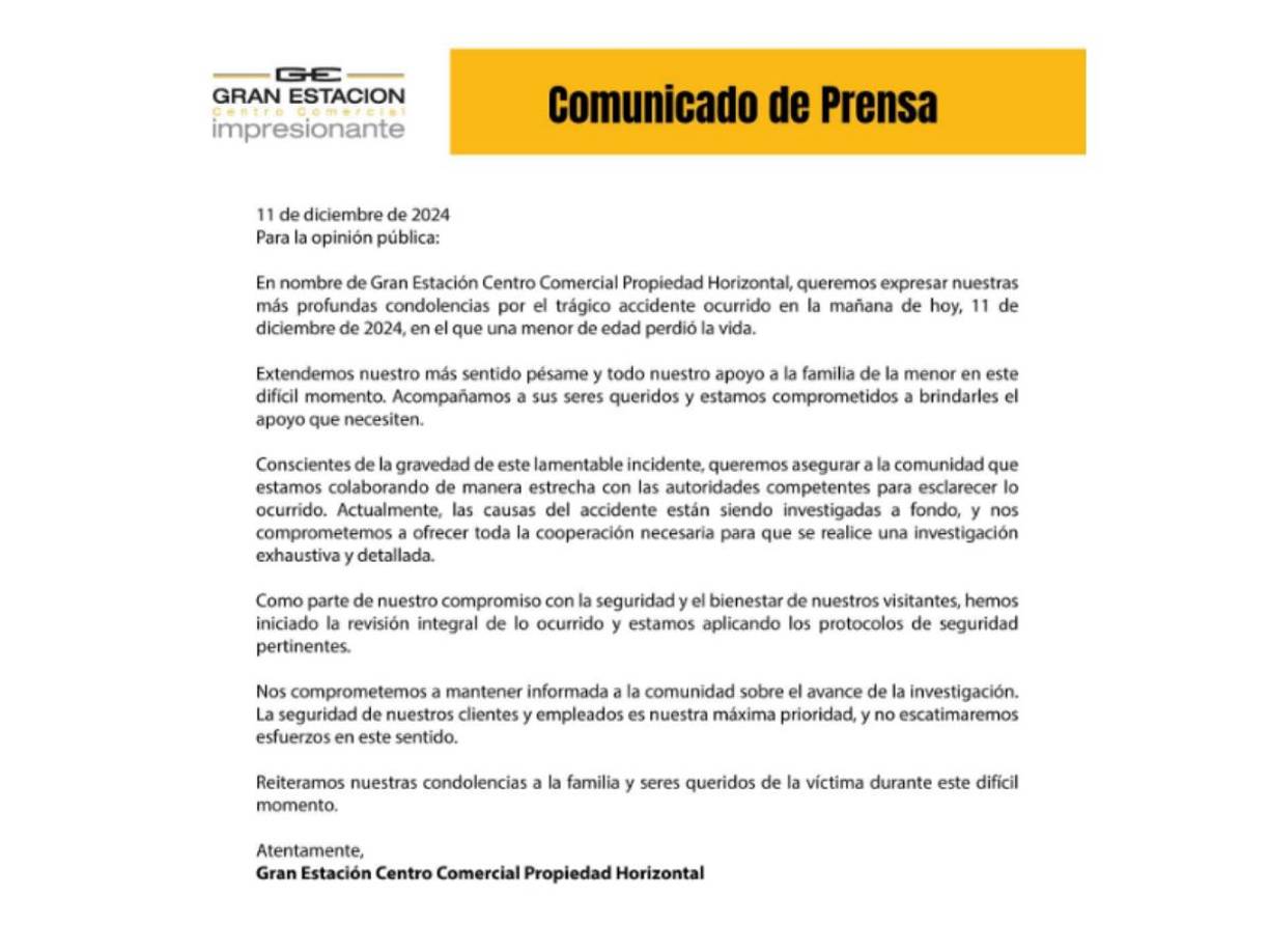 Ante la situación, el centro comercial emitió un comunicado donde lamenta lo ocurrido en sus instalaciones.