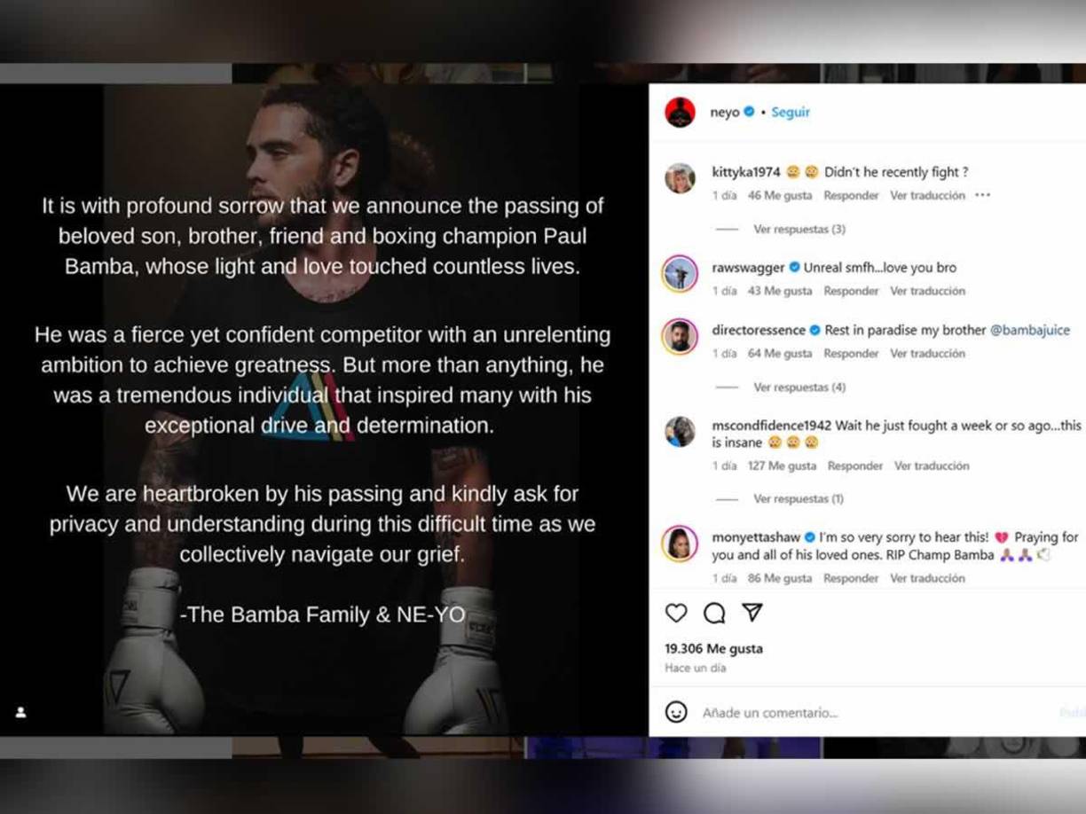 “Es con profundo pesar que anunciamos el fallecimiento del amado hijo, hermano, amigo y campeón de boxeo Paul Bamba, cuya luz y amor tocaron innumerables vidas”, se lee en el comunicado.