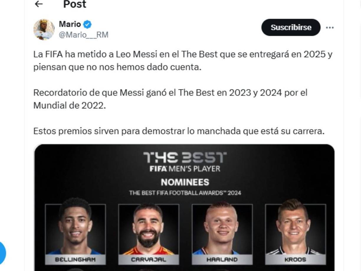 Otros de los comentarios contra Messi luego de la nominación para el The Best.