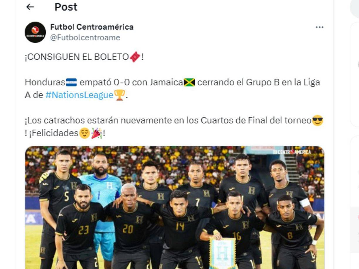 Fútbol Centroamérica felicitó a Honduras por el pase a cuartos de final de la Nations League.