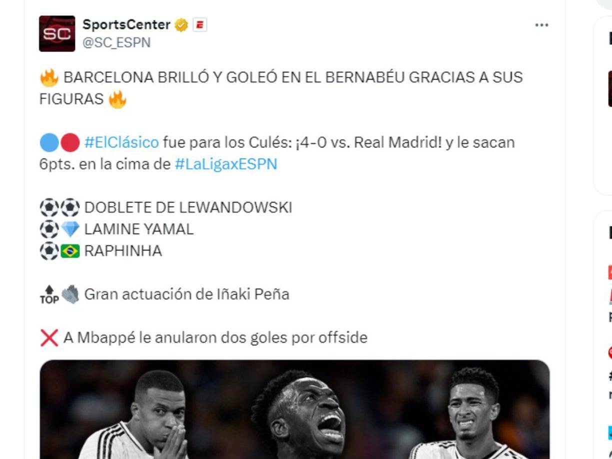 ”Barcelona brilló y goleó en el Bernabéu gracias a sus figuras”, destacó SportsCenter. 
