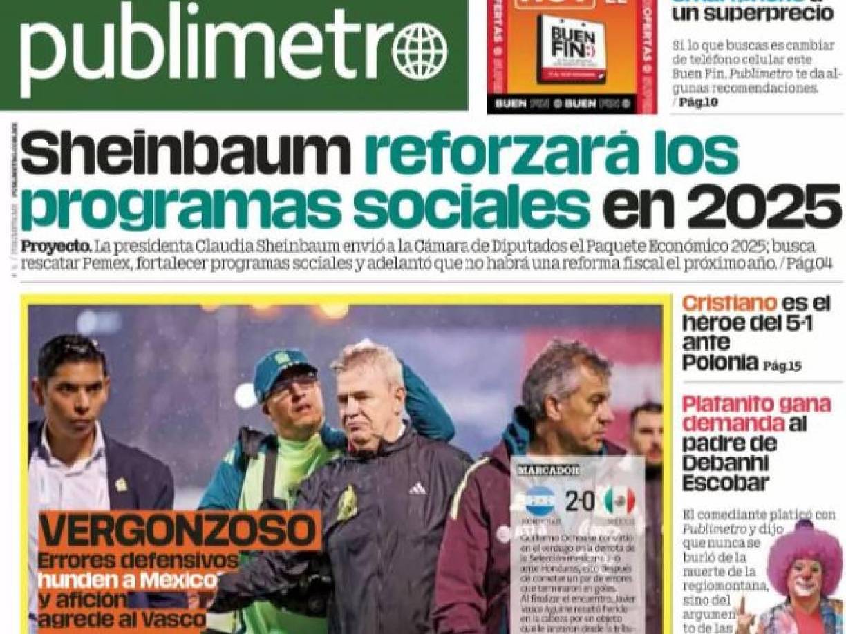 “Vergonzoso. Errores defensivos hunden a México”, fue la portada de Publimetro.