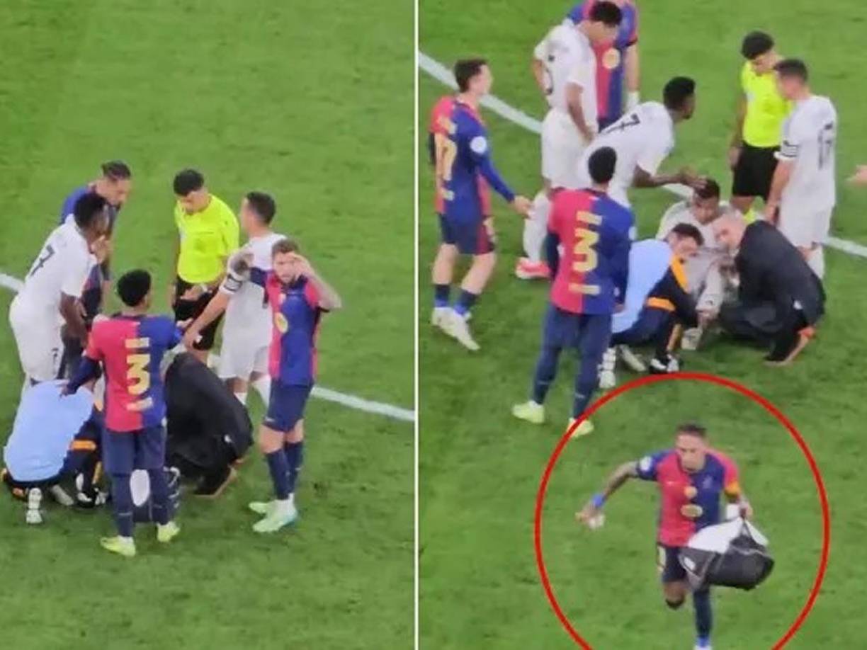 Kylian Mbappé se tiró minutos después al campo al sentir dolor en su tobillo y Raphinha reaccionó muy molesto.