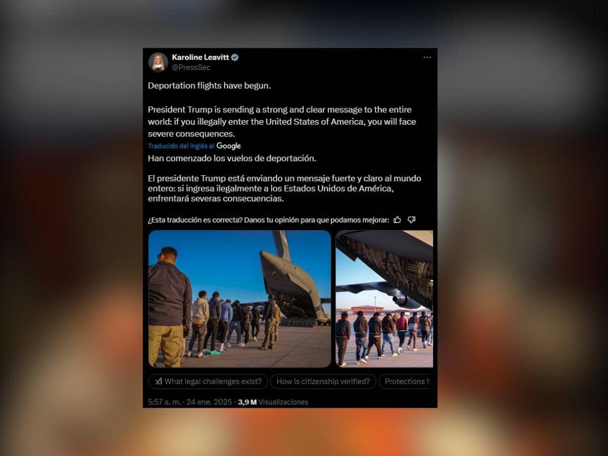 “El presidente Trump está enviando un mensaje fuerte y claro: si entras ilegalmente en Estados Unidos, te enfrentarás a graves consecuencias”, declaró Leavitt en una publicación en la red social X.