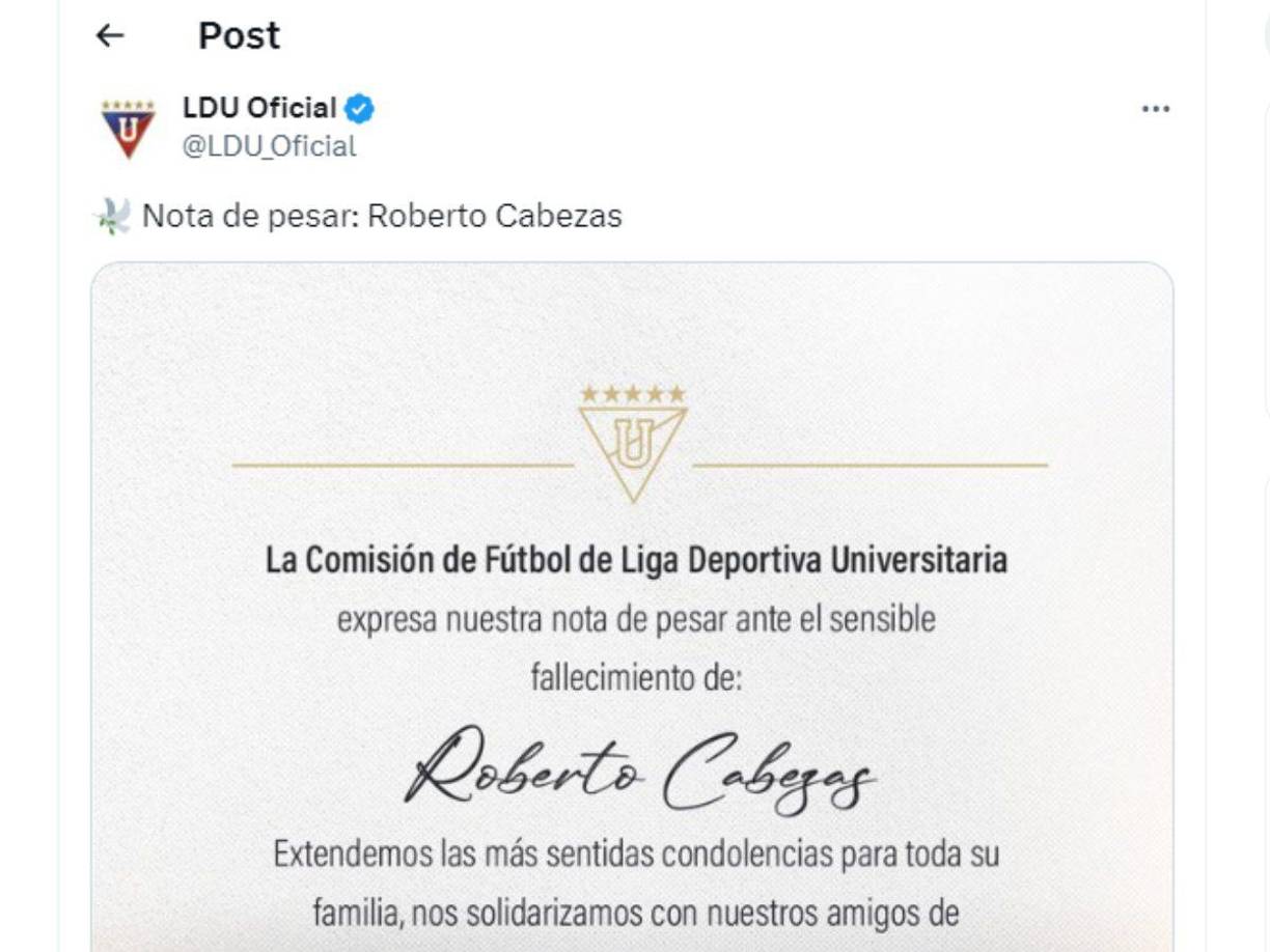 Liga Deportiva Universitaria de Quito emitió comunicado lamentando la muerte de Roberto Cabezas.