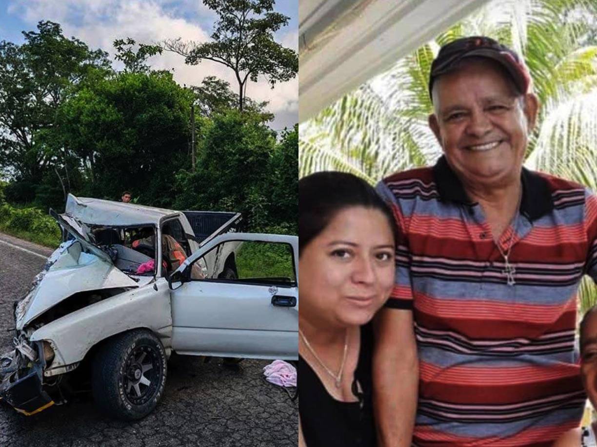 A la derecha fotos en vida de don Luis Cruz y su nieta Iris Vanessa Cruz, las dos víctimas mortales del accidente en Tela.