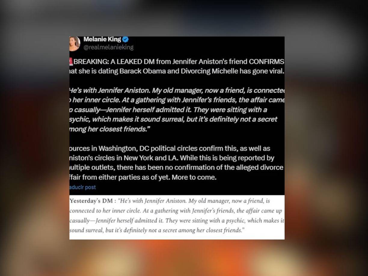 El origen del escándalo se remonta a un artículo de In Touch Weekly, en el cual se afirmaba que la estrella de Friends y el exmandatario estaban “obsesionados el uno con el otro”. 