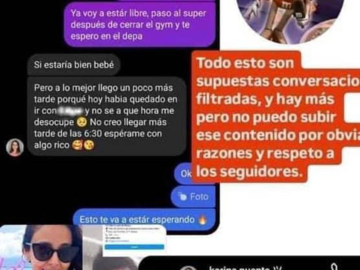 En la conversación que circula en redes sociales se pueden leer algunos mensajes que supuestamente le envió Karina Puente a su entrenador. Al parecer ambos se están poniendo de acuerdo para verse y comparten algunas fotografías, pero hasta el momento se desconoce si los mensajes son reales.