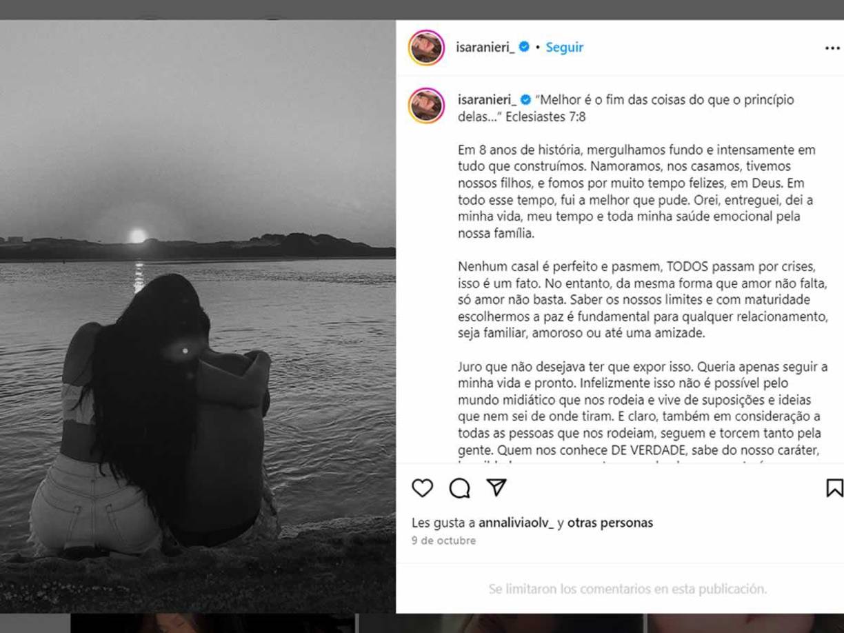 El matrimonio de Isa Ranieri y Everton Cebolinha llegó a su fin la semana pasada. Según la influencer, el fin del matrimonio no estuvo motivado por una supuesta traición, sino por motivos personales de ambas partes. Anunció el fin del matrimonio a través de una publicación en las redes sociales.
