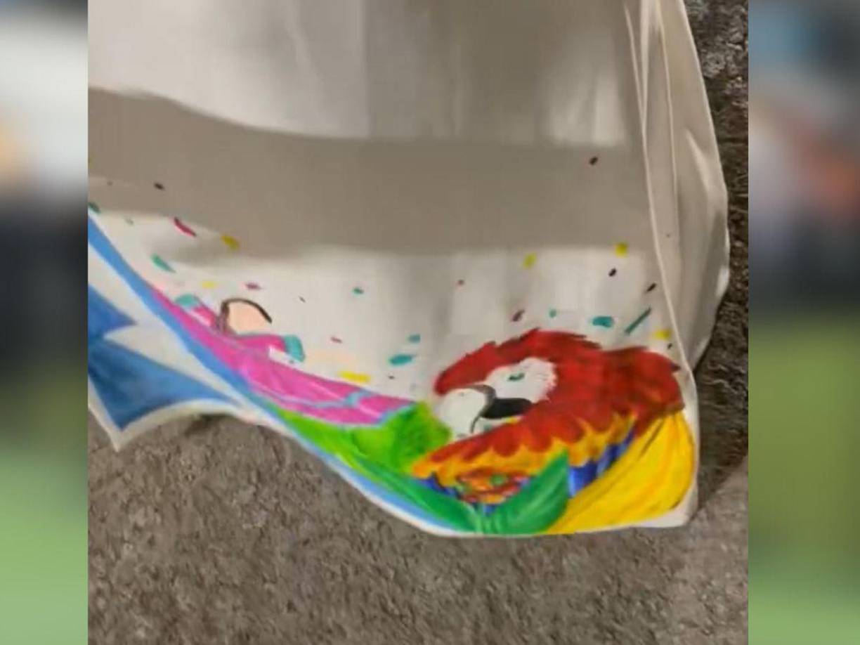 En la parte de abajo de su vestido está pintada el ave nacional de Honduras, la guacamaya roja, así mismo una bailarina de danza folclórica. 